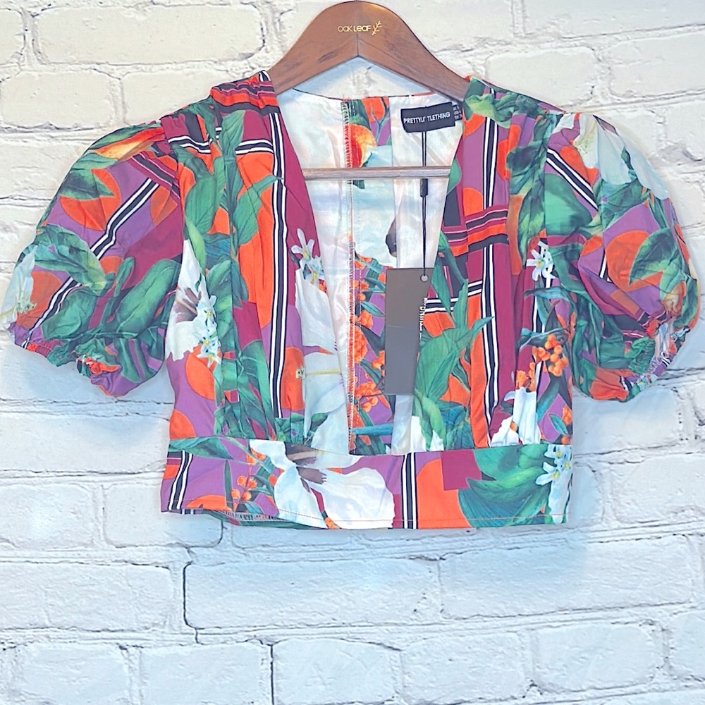 PrettyLittleThing Orange Pink  Floral Plunge Front Puff Sleeve Crop Top Size 4